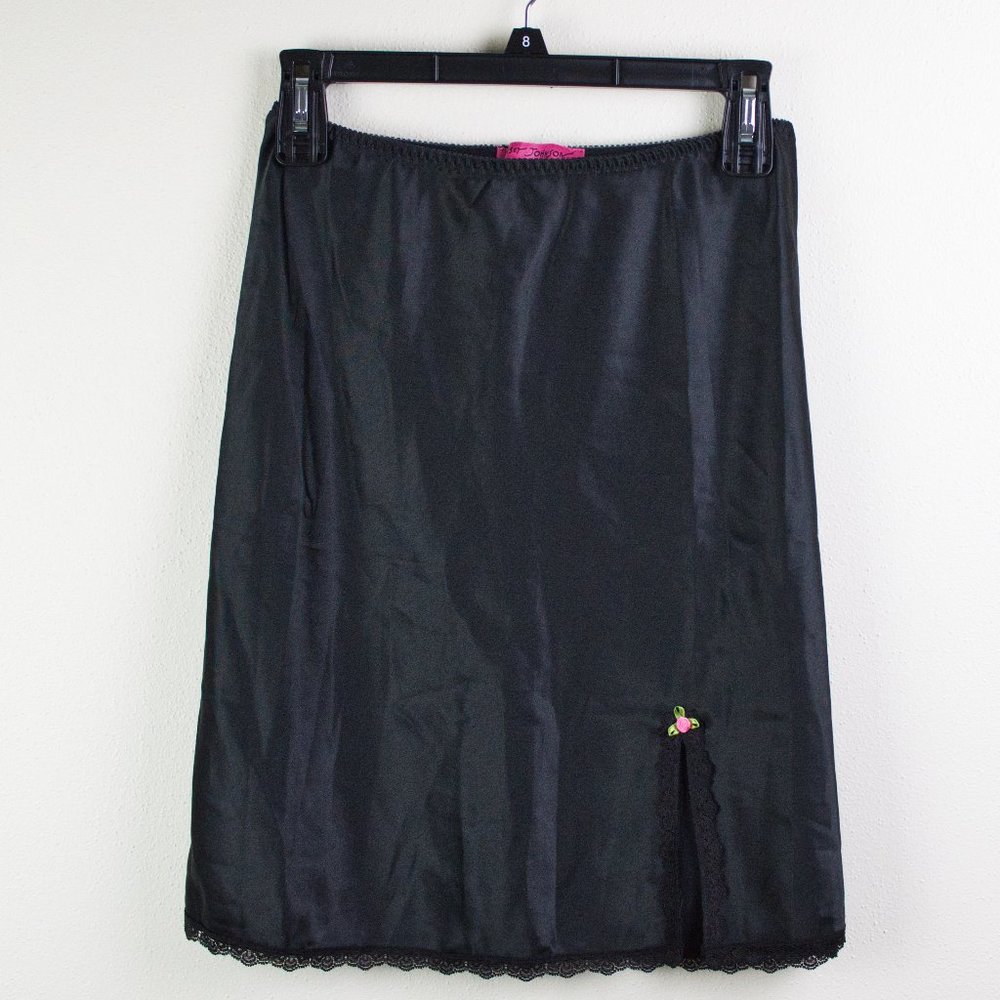 Betsey Johnson Black Polyester Slip Size S with Lace Trim and Pink Rose